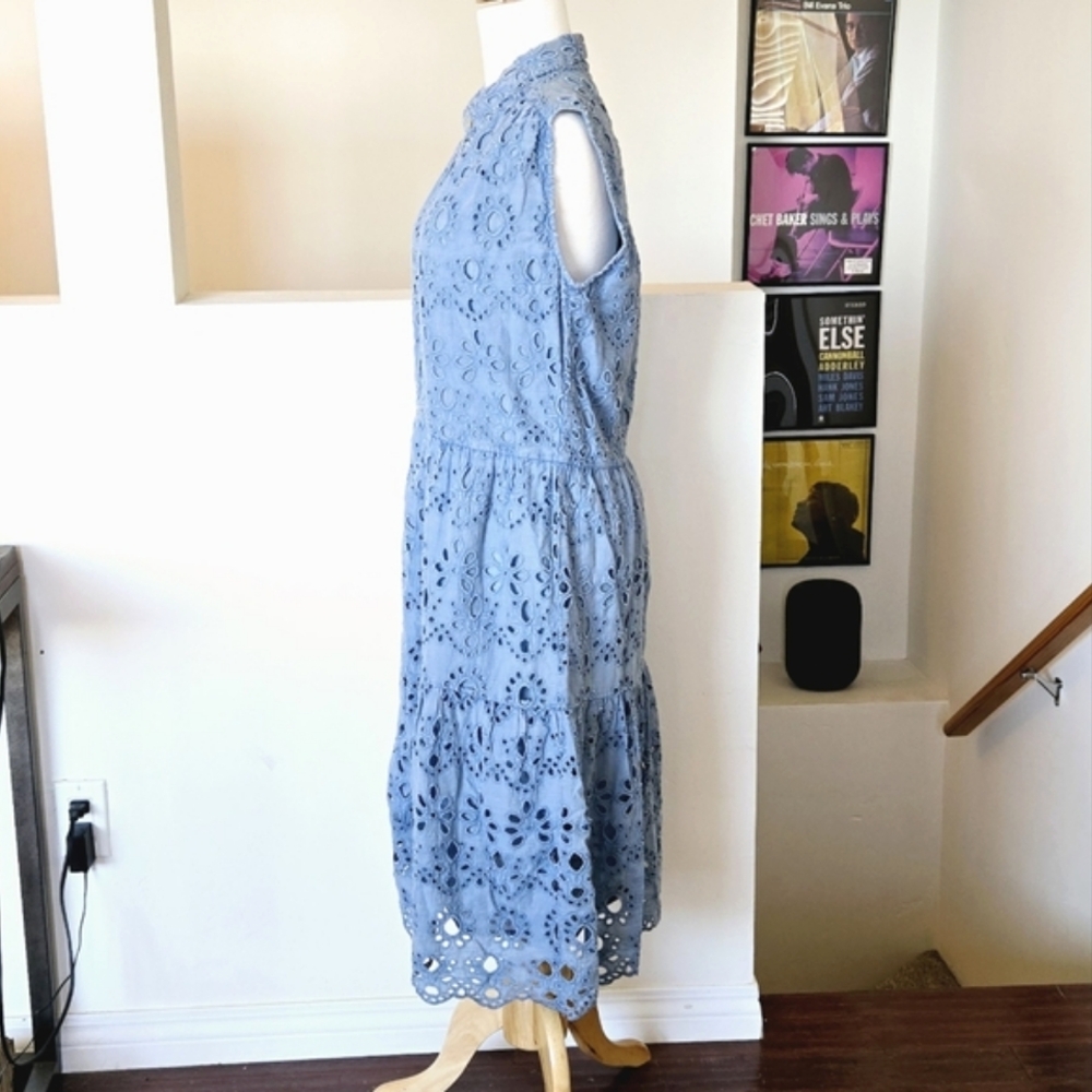 🏷️ANTHROPOLOGIE KYLA SEO Caite Palma Eyelet Midi Dress in Bluestone Size S/M - Picture 6 of 14